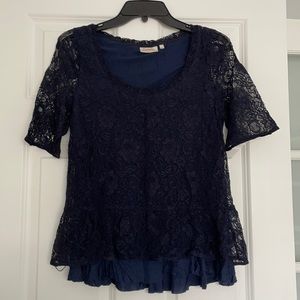 Deletta Anthropologie Navy Lace Peplum Blouse Sz S